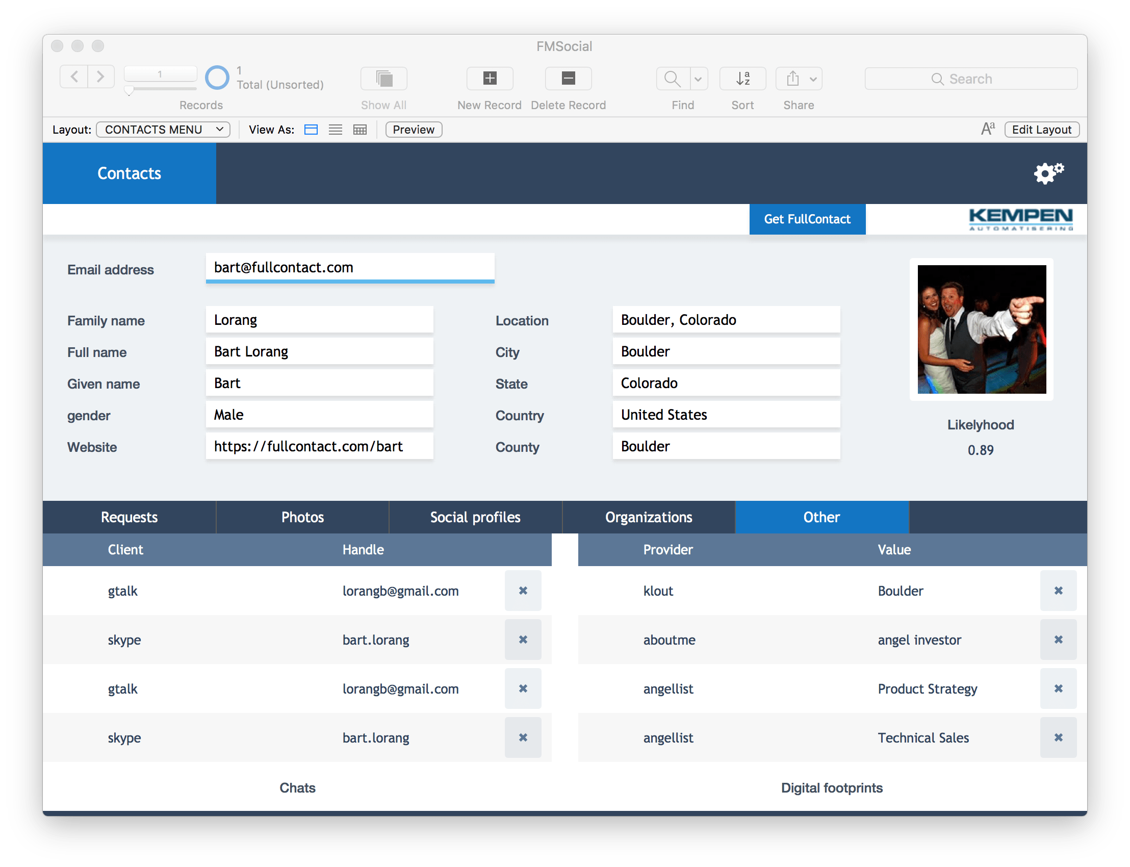 FileMaker Customer Casting database screen